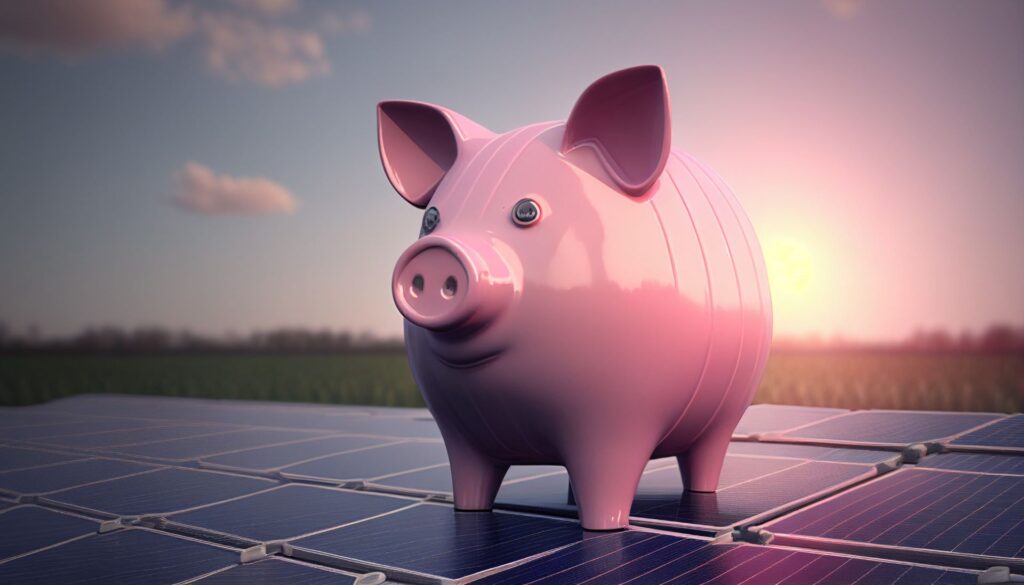 Ein rosa Sparschwein steht auf einem Solardach bei Sonnenuntergang, symbolisiert die finanziellen Einsparungen und Wertsteigerung eines Hauses durch die Installation einer PV-Anlage mit 10 kWp.