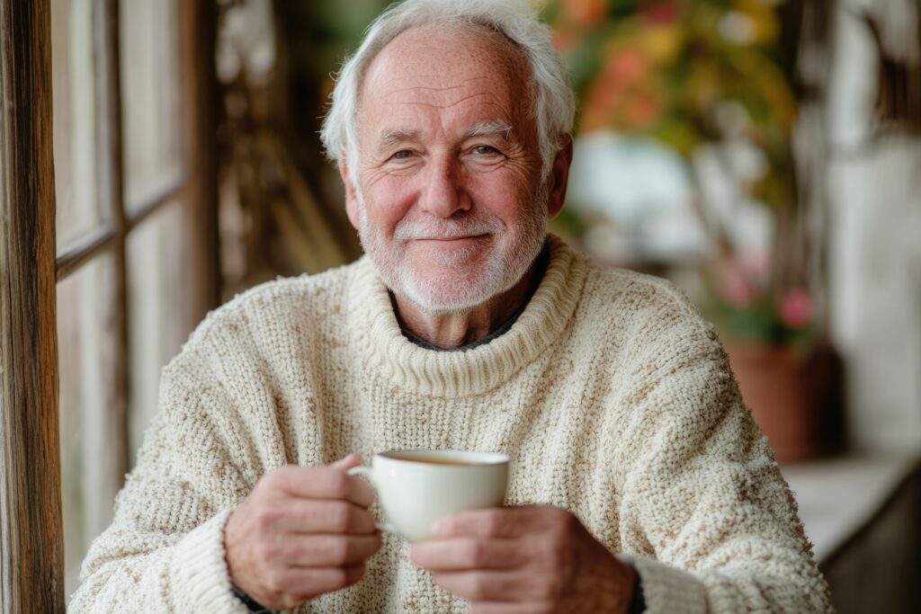 Senior genießt stillen Moment mit Gepa Kaffee
