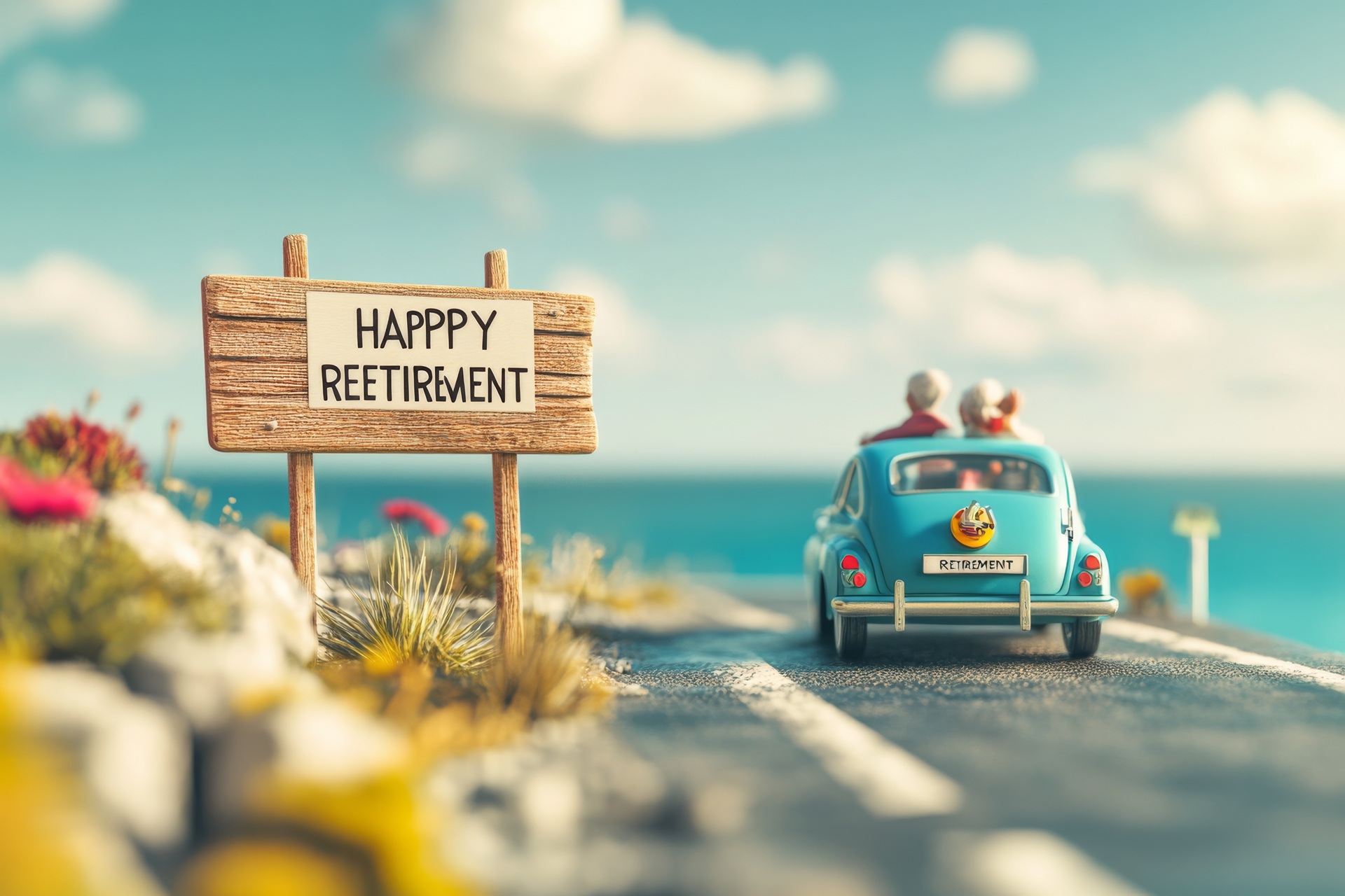 Retirement-Schild mit Auto am Meer | Vuse Epod