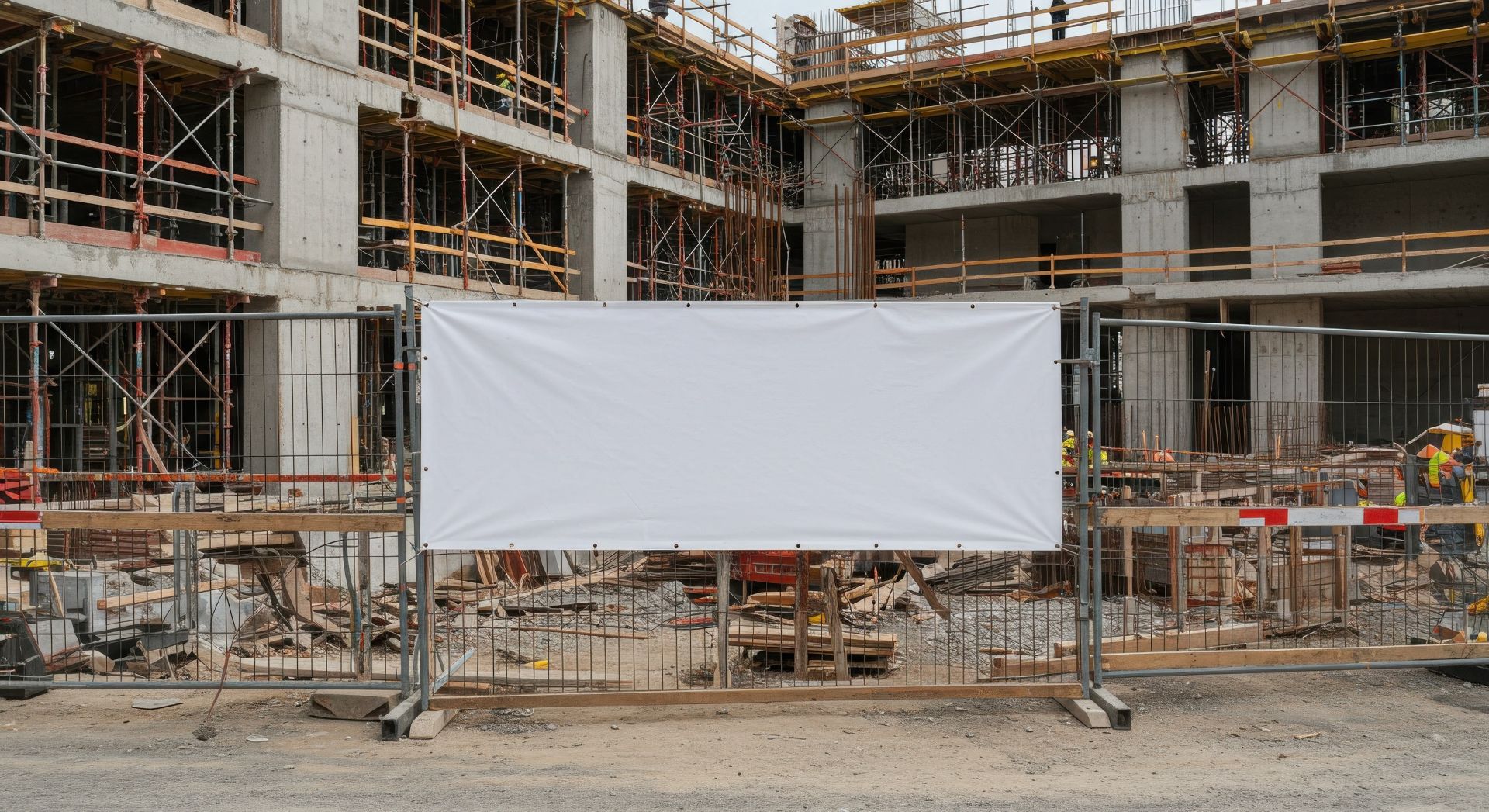 Leeres weißes Banner auf Bauzaun vor Rohbau mit Gerüsten und Bauarbeitern